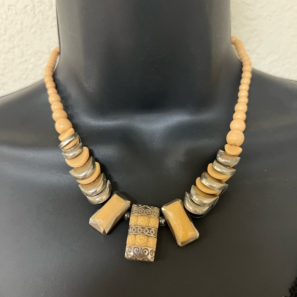 Vintage Mid Century Plastic Bead Necklace Filigree Clasp Retro Statement Jewelry